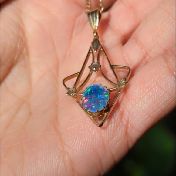 Antique Art Nouveau Australian Opal Triplet Lavaliere Pendant 9K Gold - Picture 8 of 15